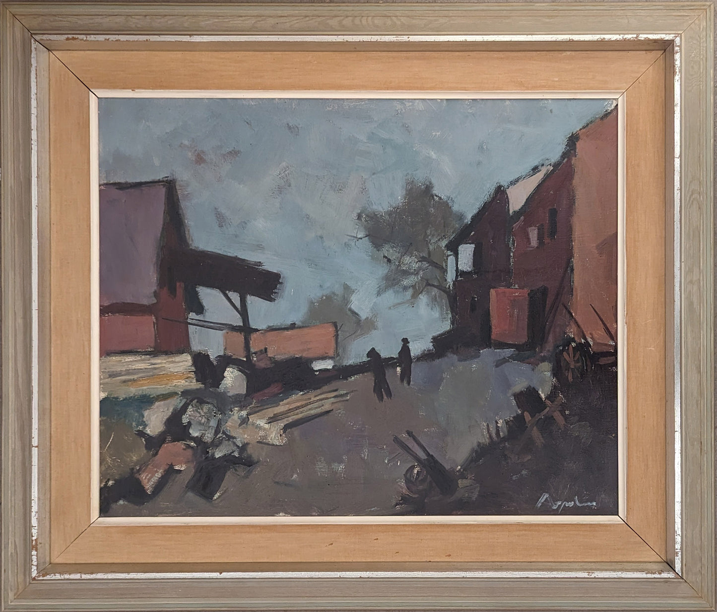 Figures crossing a Farmyard