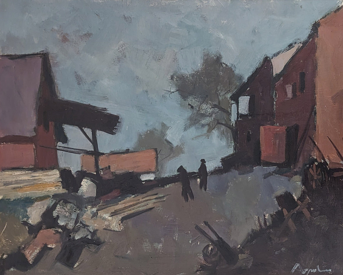 Figures crossing a Farmyard