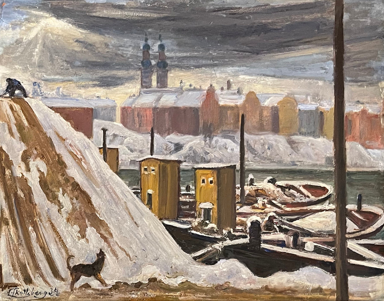 Dog in a Snowy Harbour