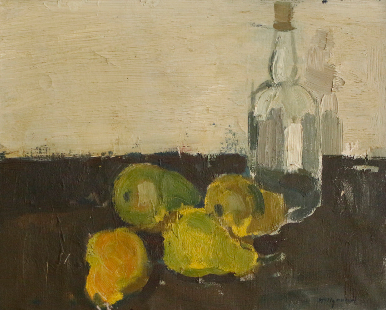 Still life with bottle and pears