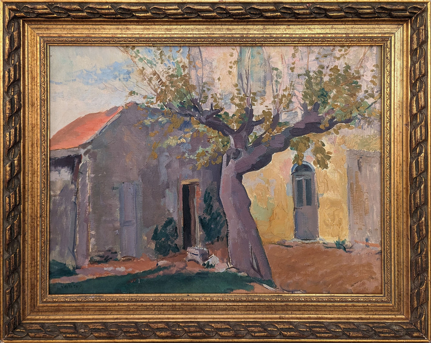 Mediterranean Village Square with Olive Tree