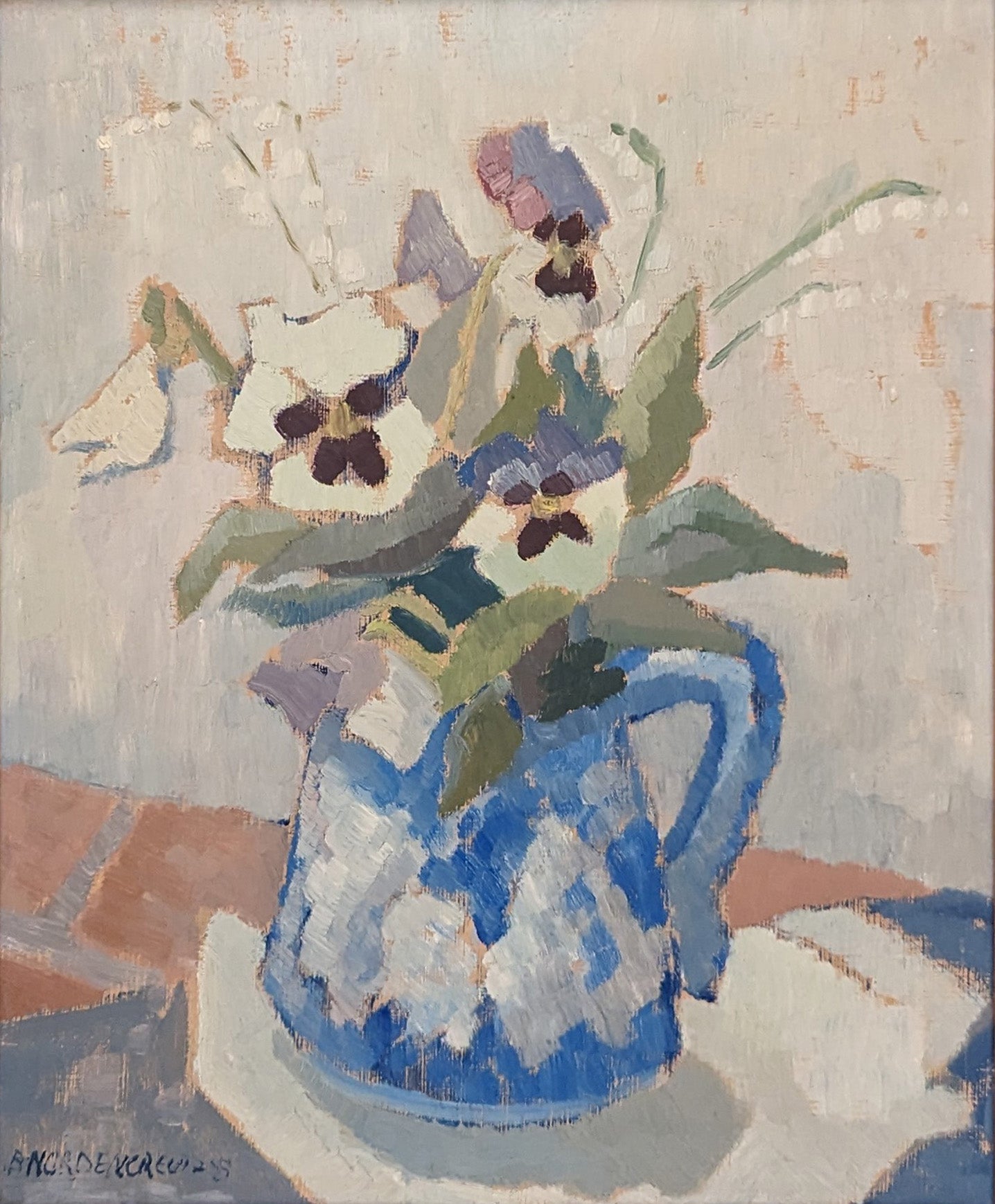 Pansies in a Blue & White Jug