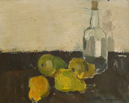 Still life with bottle and pears