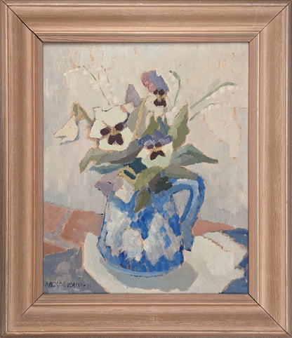 Pansies in a Blue & White Jug