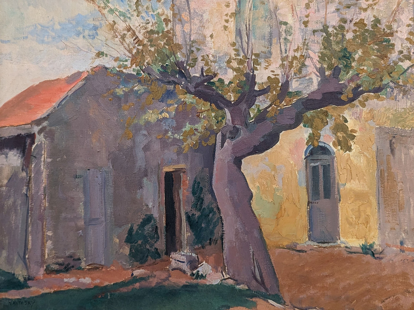 Mediterranean Village Square with Olive Tree